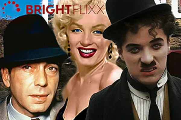 Farbige Collage klassischer Filmstars aus dem BrightFlixx-Katalog